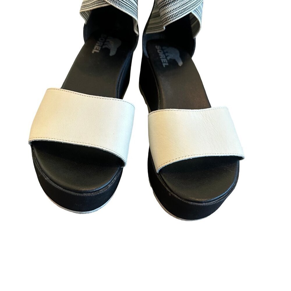 Sorel Cameron Flatform White Black Sandals Stretch Ankle Strap Size 8 Women's - Picture 6 of 9
